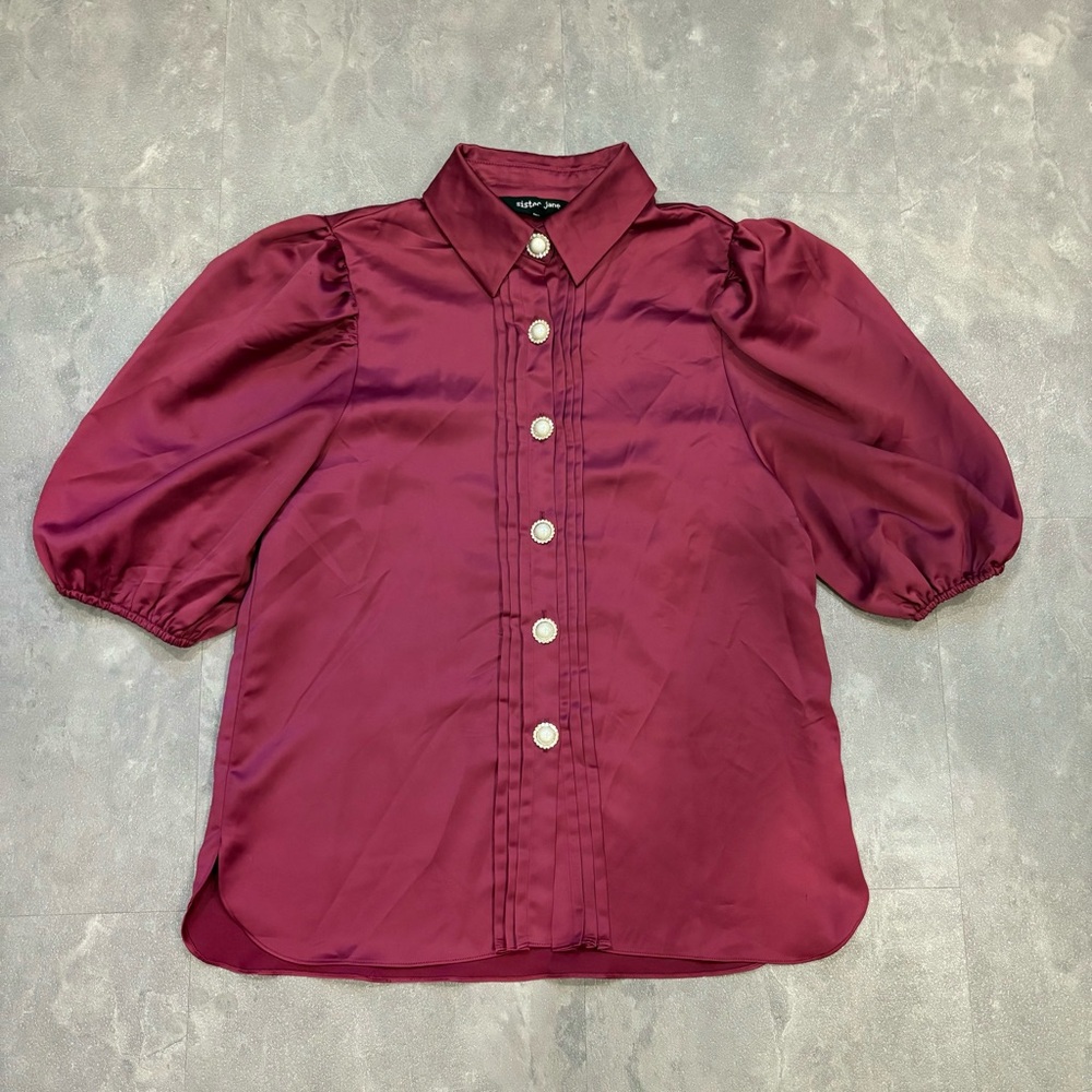 SISTER JANE Satin Puff Sleeve‎ Button Down Short Sleeve Blouse Size Small